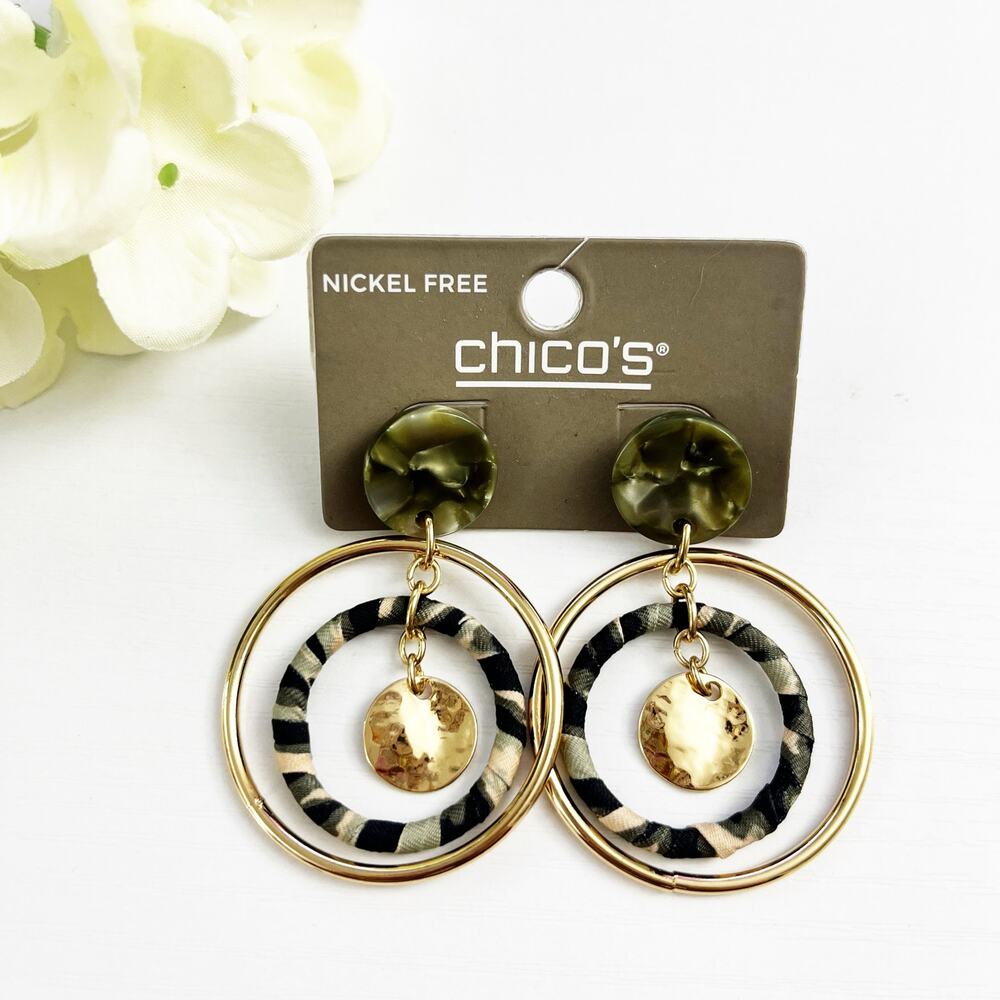 NEW Chico's Gold Tone & Green Hoop Drop Earrings - Picture 3 of 5